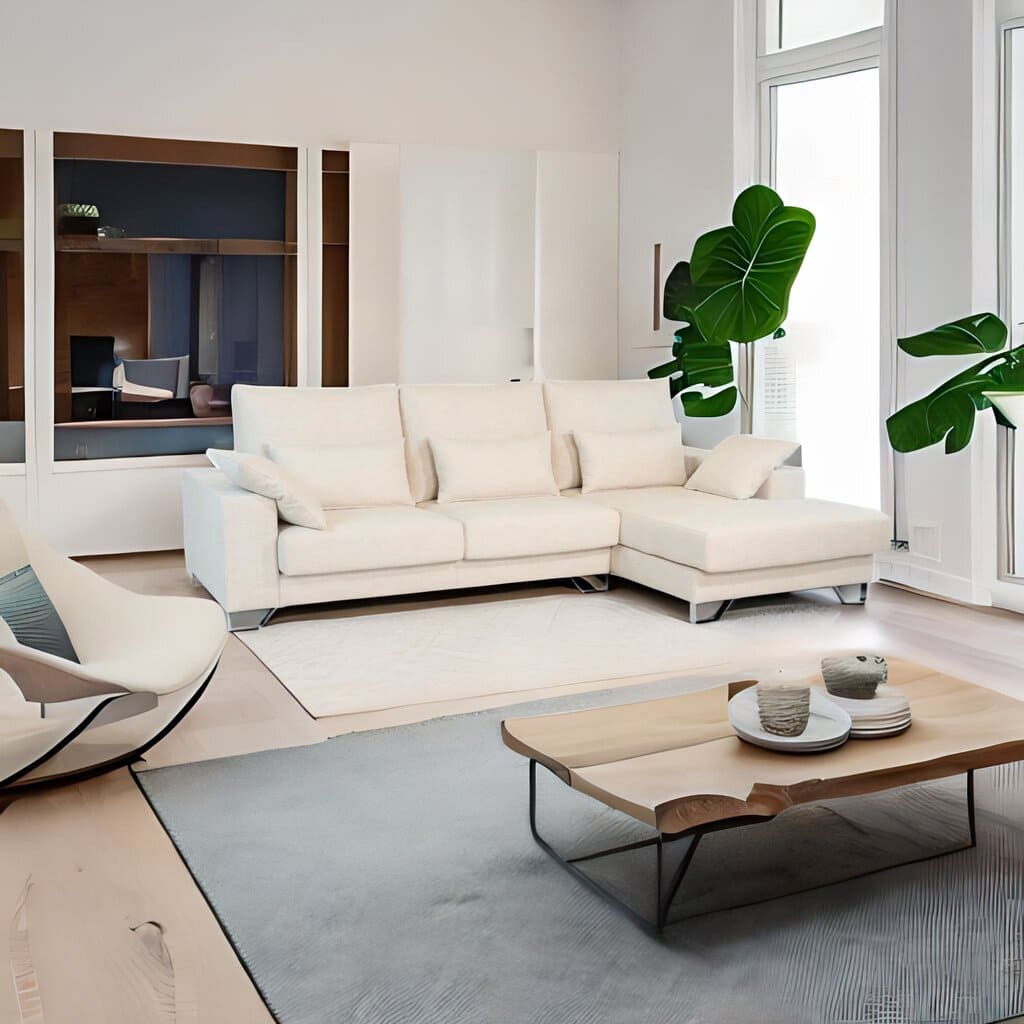 Diseño interior de salón moderno con sofá y cojines de tela beige.