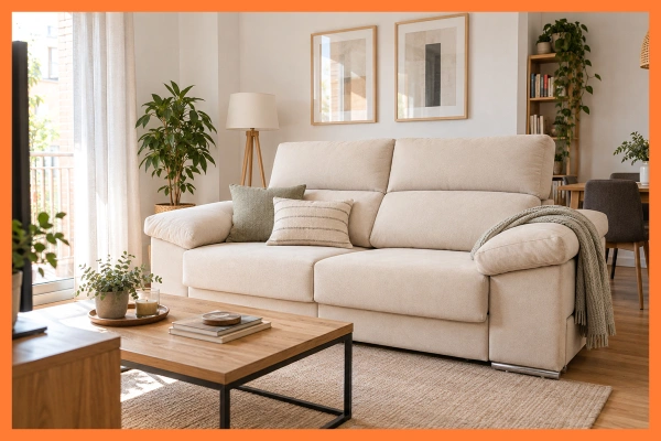Salón real con sofá beige neutro, suelo de madera y luz natural